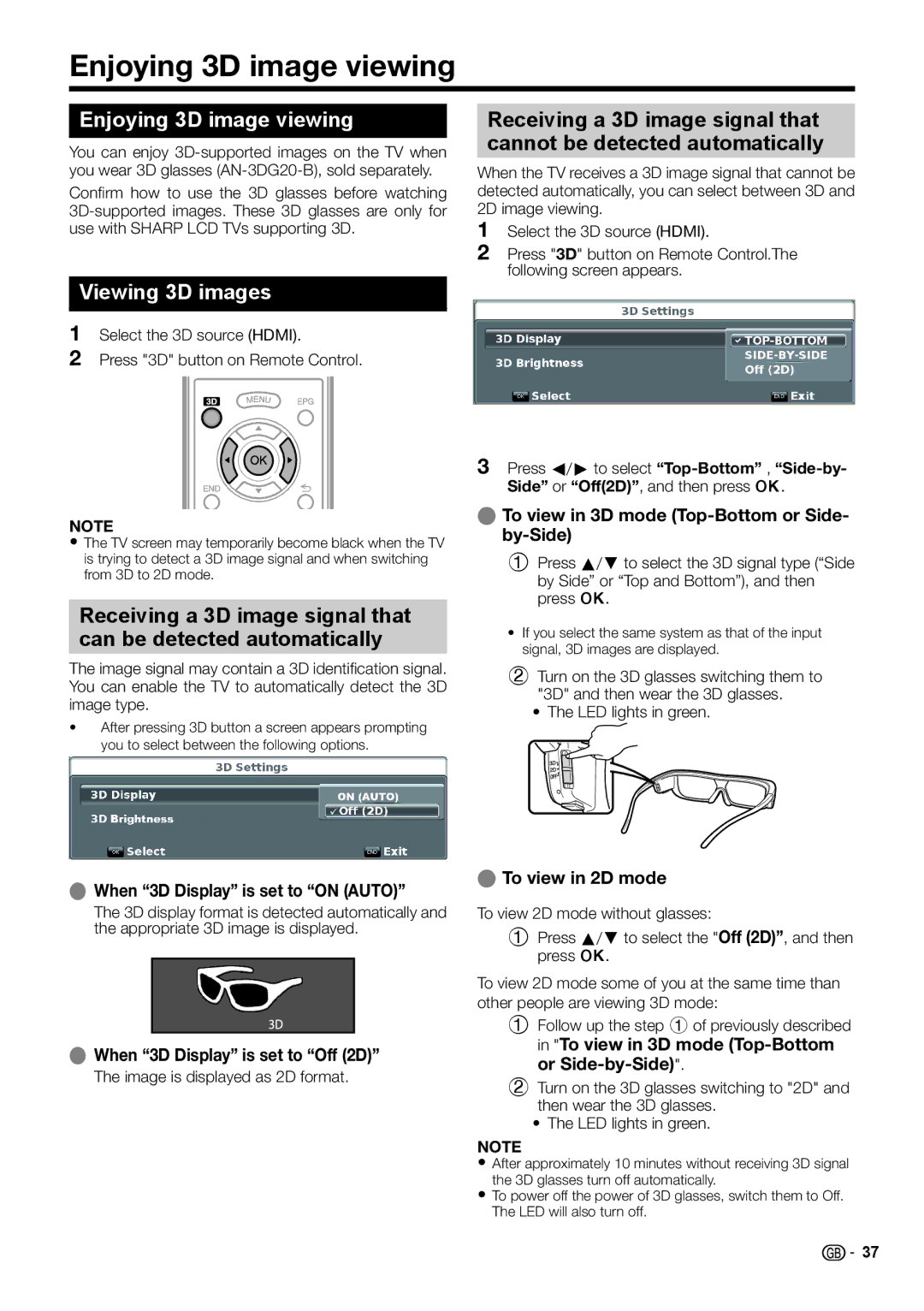 Sharp LC-46LE730E, LC-46LE732E, LC-40LE732E, LC-40LE730E operation manual Enjoying 3D image viewing, Viewing 3D images 