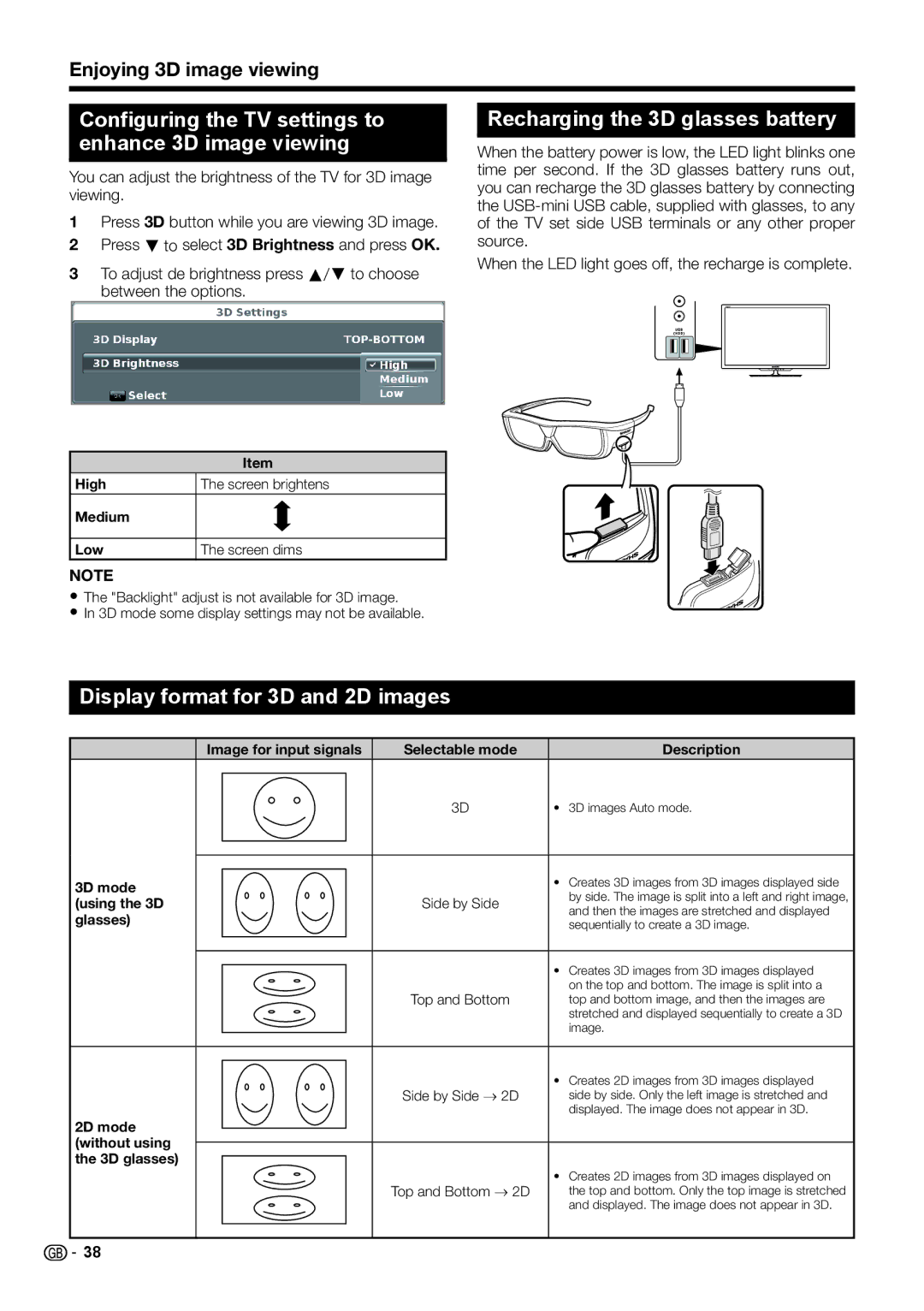 Sharp LC-46LE732E, LC-40LE732E Configuring the TV settings to enhance 3D image viewing, Recharging the 3D glasses battery 