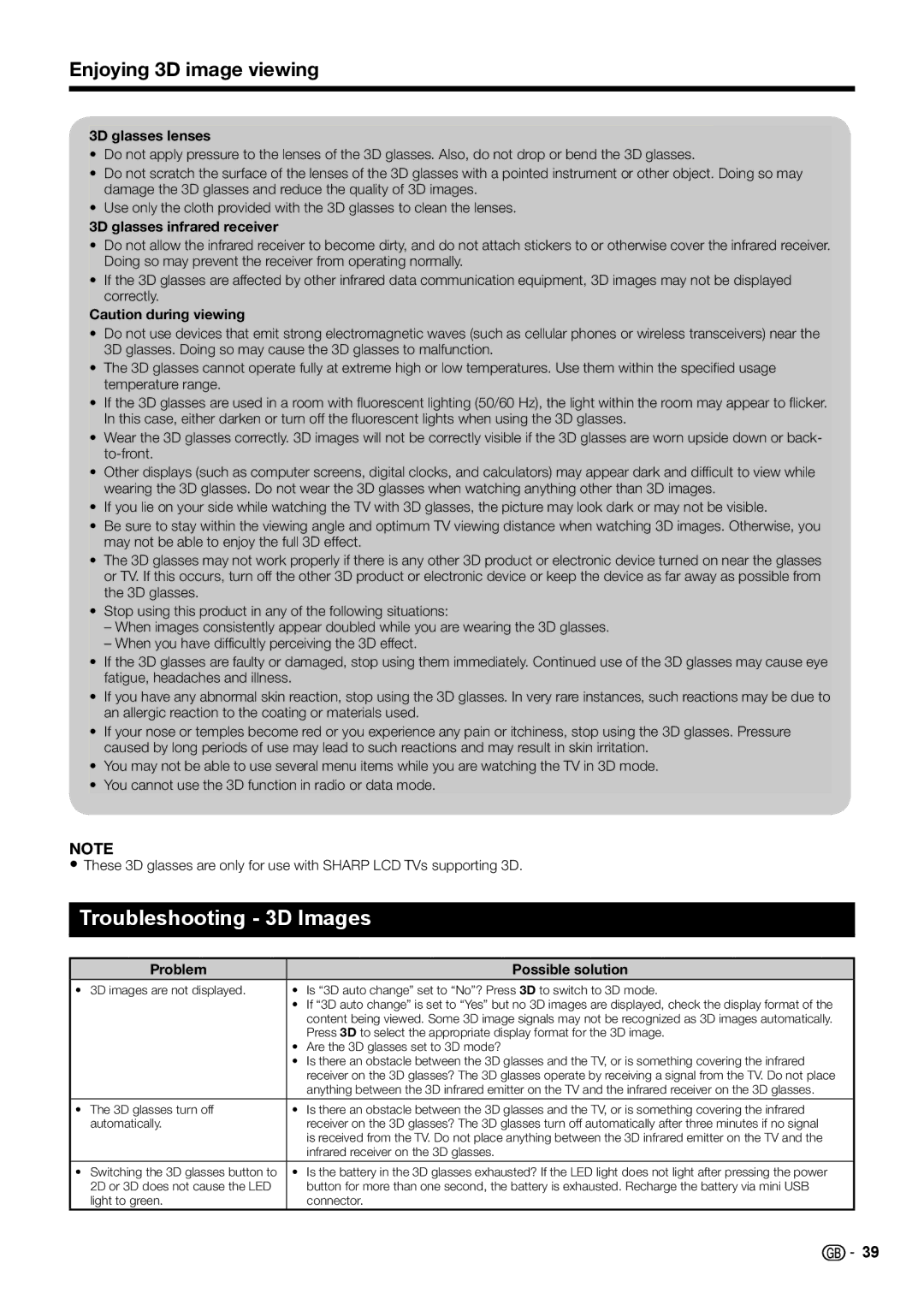 Sharp LC-40LE732E Troubleshooting 3D Images, 3D glasses lenses, 3D glasses infrared receiver, Problem Possible solution 