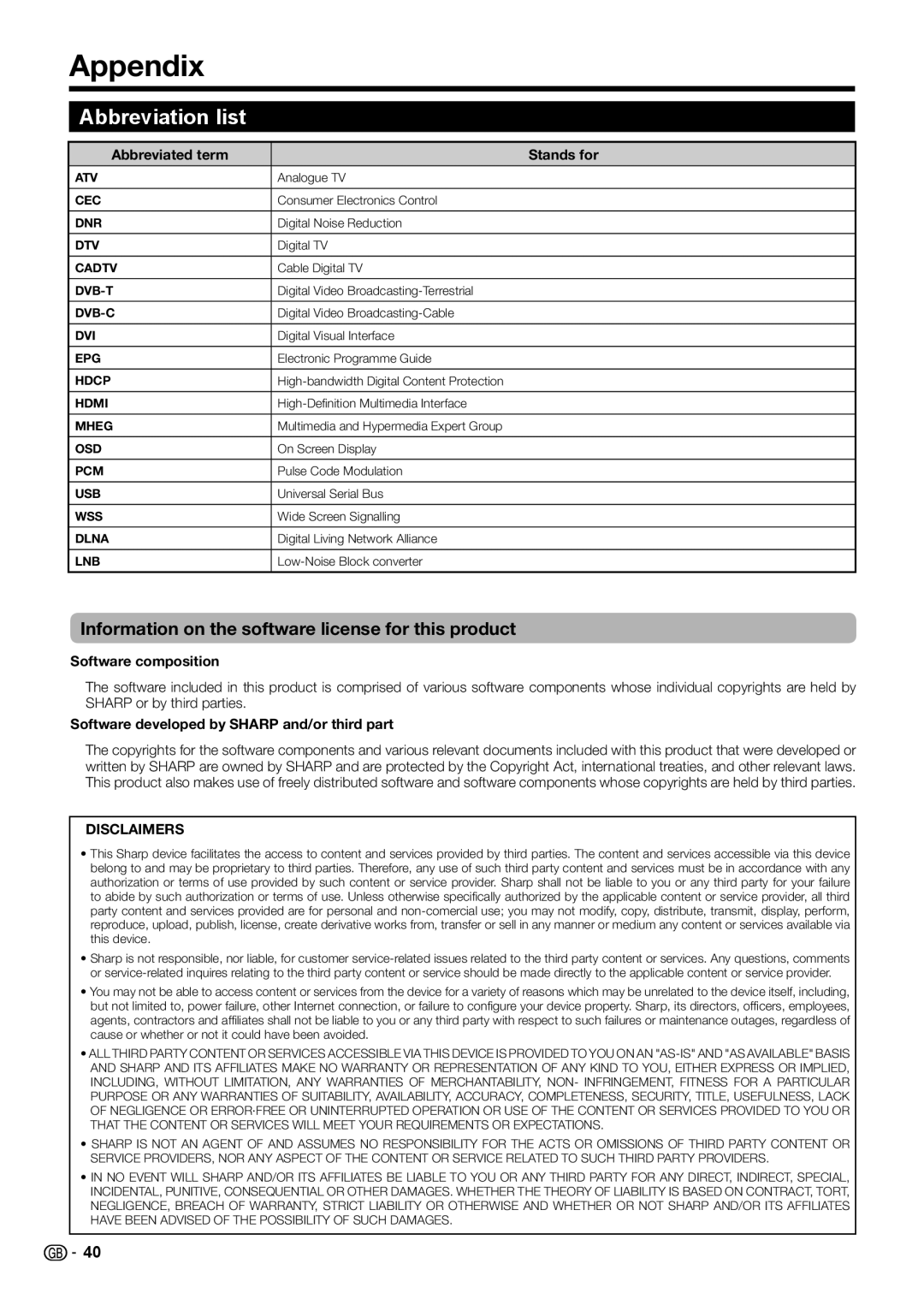 Sharp LC-40LE730E, LC-46LE732E Appendix, Abbreviation list, Information on the software license for this product 