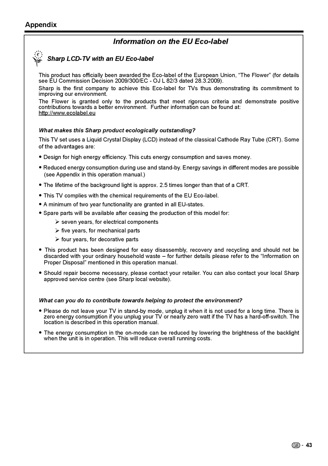 Sharp LC-40LE732E, LC-46LE732E, LC-40LE730E, LC-46LE730E operation manual Information on the EU Eco-label 