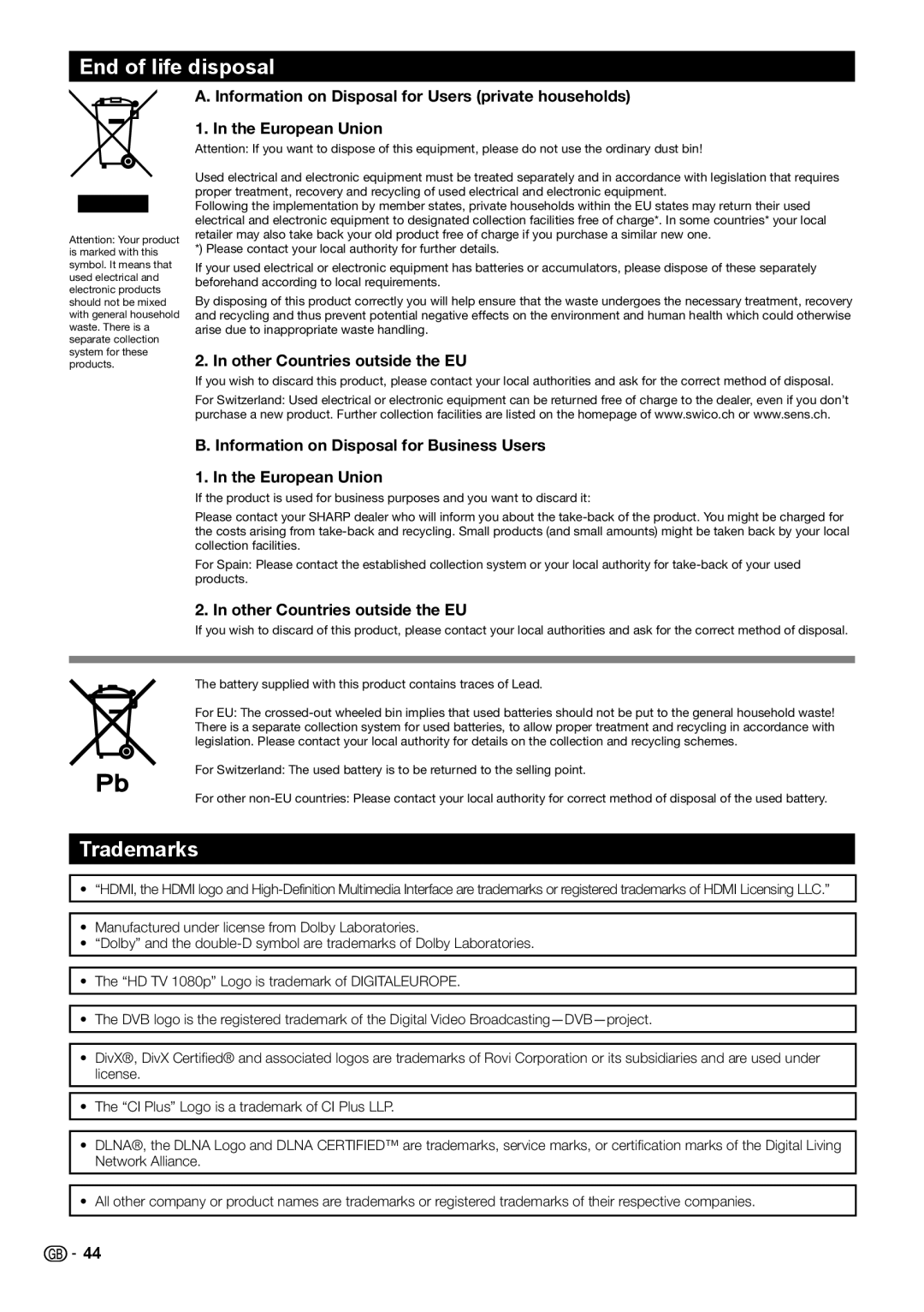 Sharp LC-40LE730E, LC-46LE732E, LC-40LE732E, LC-46LE730E End of life disposal, Trademarks, Other Countries outside the EU 