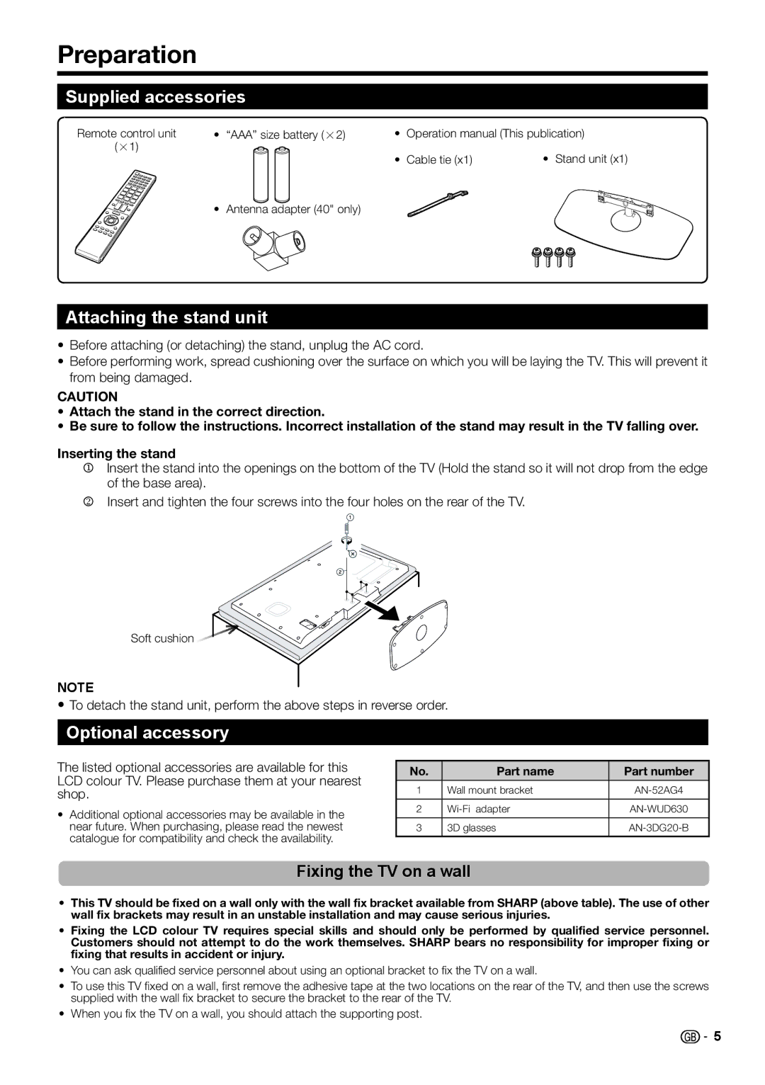 Sharp LC-46LE730E Preparation, Supplied accessories, Attaching the stand unit, Optional accessory, Fixing the TV on a wall 