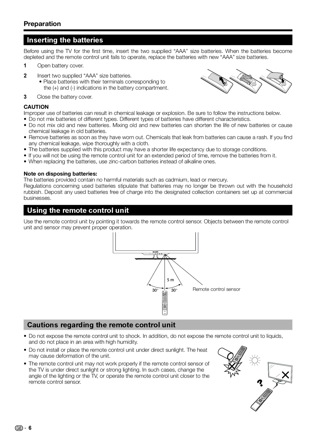 Sharp LC-46LE732E, LC-40LE732E, LC-40LE730E, LC-46LE730E Inserting the batteries, Using the remote control unit, Preparation 