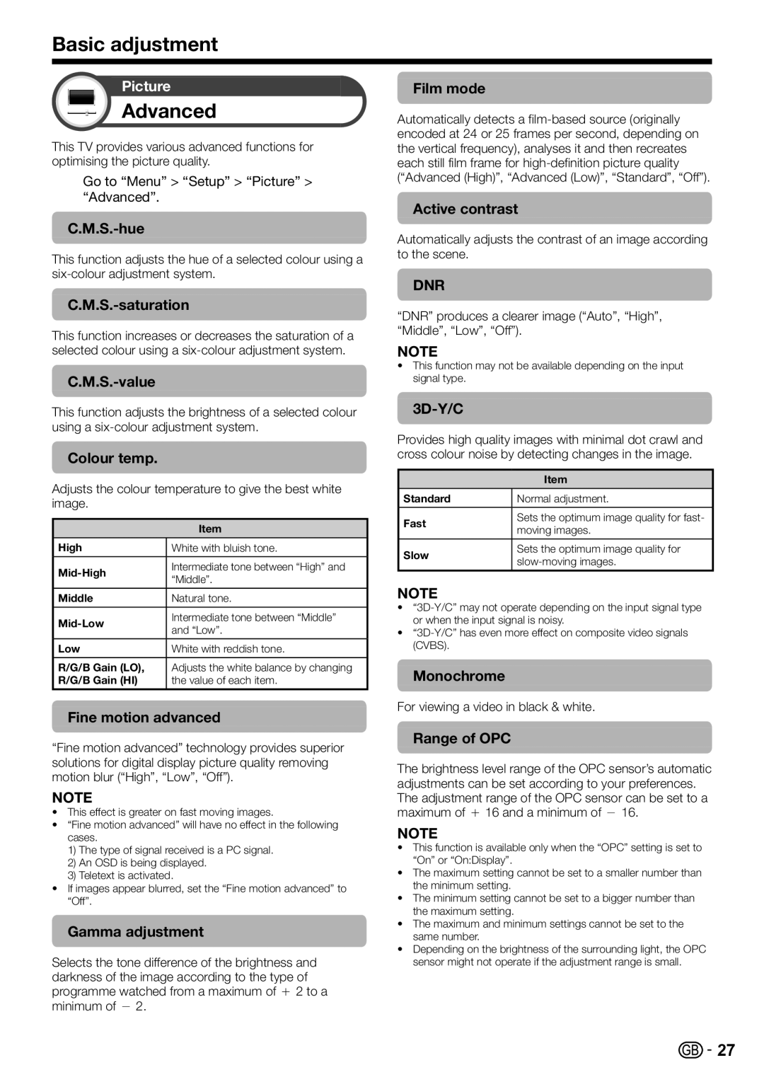 Sharp LC-46LE811E, LC-46LE821E, LC-40LE811E, LC-40LE821E operation manual Basic adjustment, Advanced 