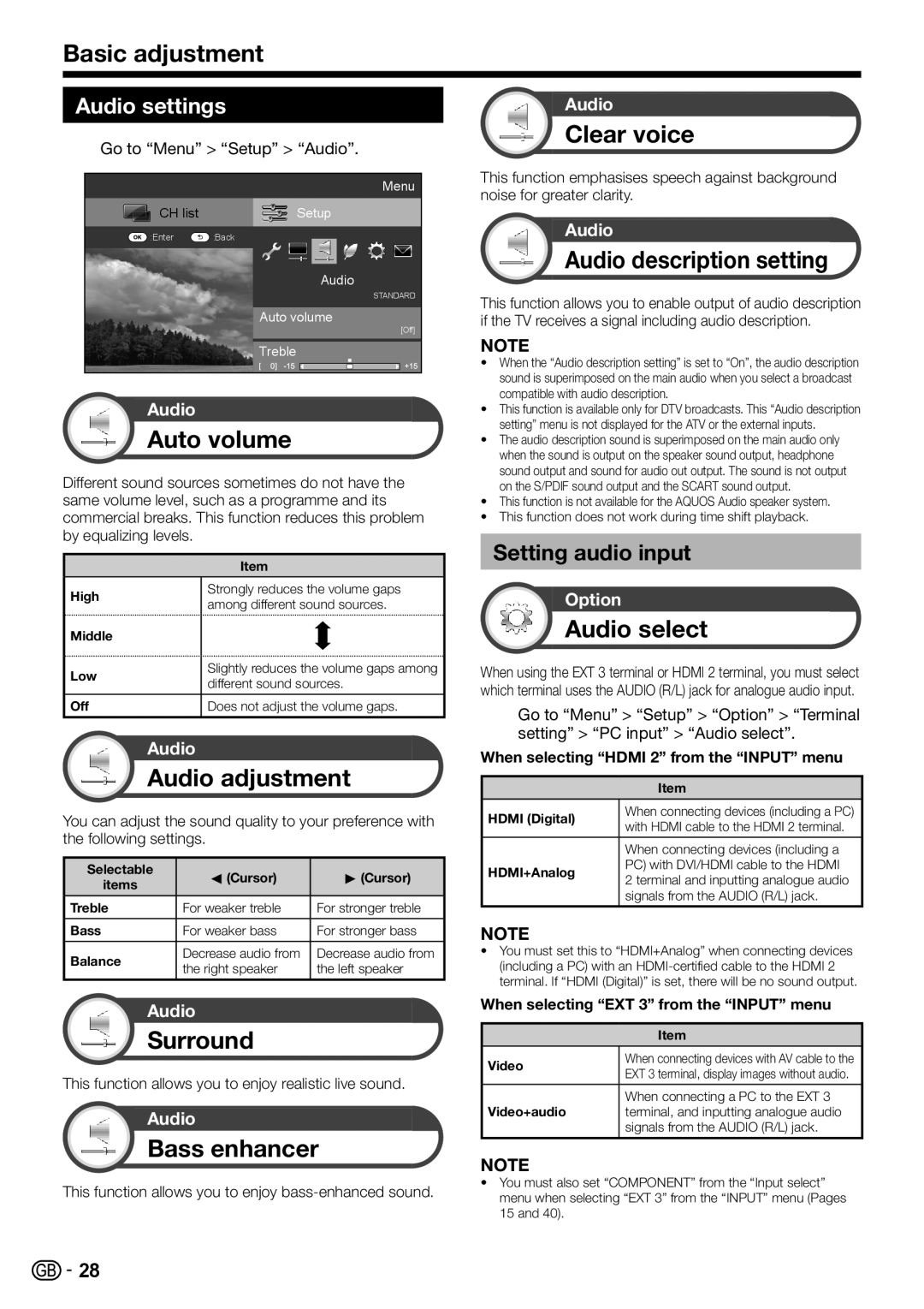 Sharp LC-40LE811E Auto volume, Audio adjustment, Clear voice, Audio description setting, Audio select, Surround 