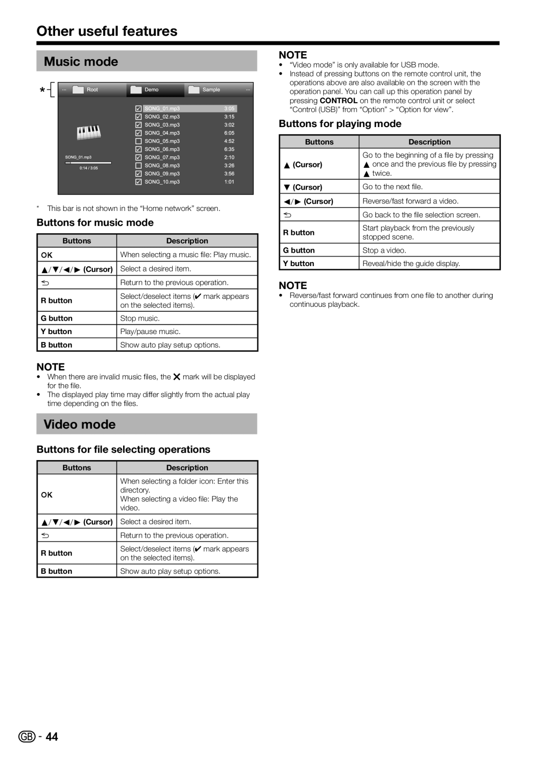 Sharp LC-40LE811E, LC-46LE821E Music mode, Video mode, Buttons for music mode, Buttons for file selecting operations 