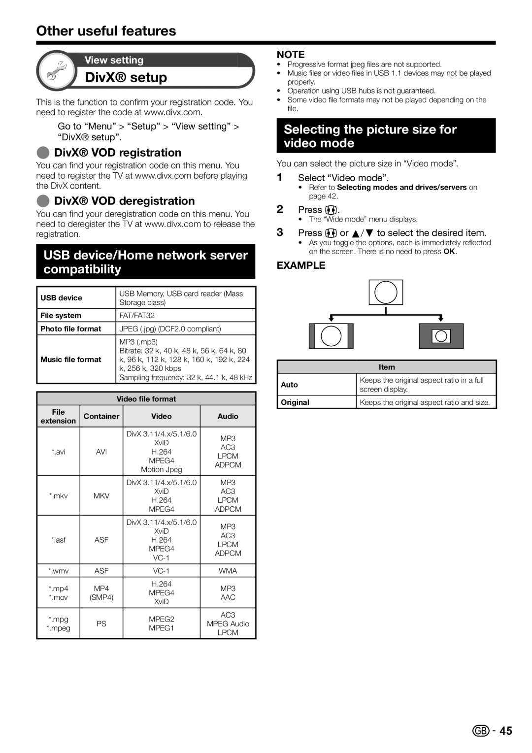 Sharp LC-40LE821E DivX setup, USB device/Home network server compatibility, Selecting the picture size for video mode 