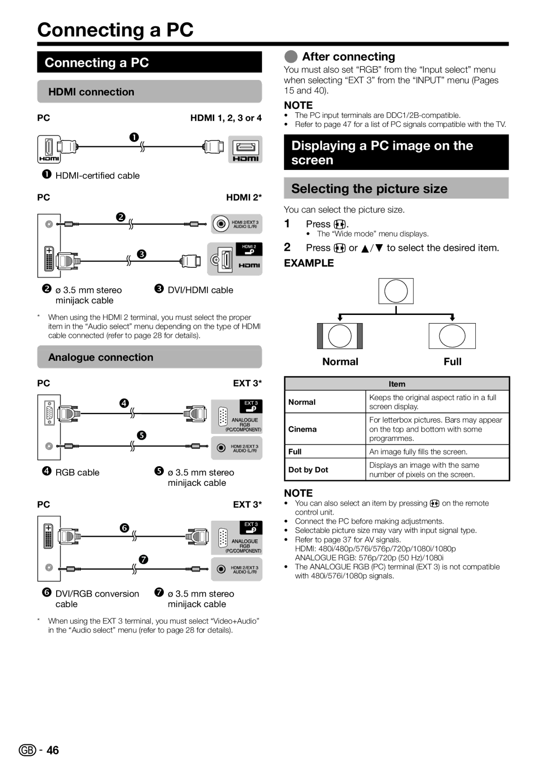 Sharp LC-46LE821E, LC-46LE811E Connecting a PC, Displaying a PC image on the screen, Selecting the picture size 