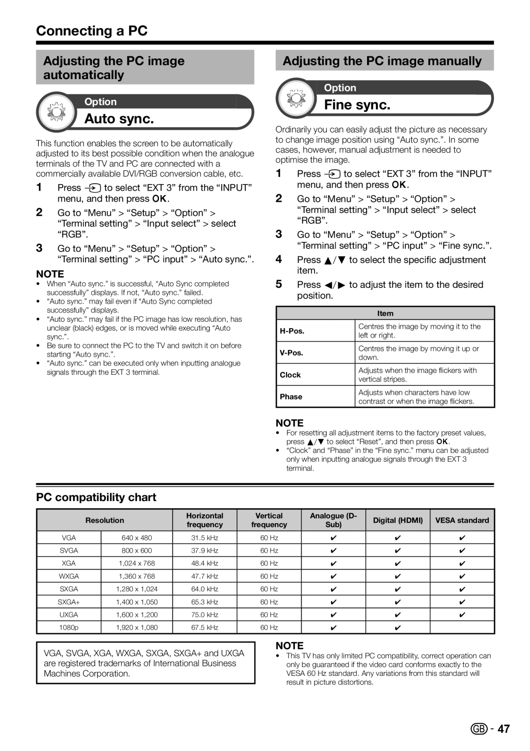 Sharp LC-46LE811E, LC-46LE821E, LC-40LE811E Connecting a PC, Auto sync, Fine sync, Adjusting the PC image automatically 