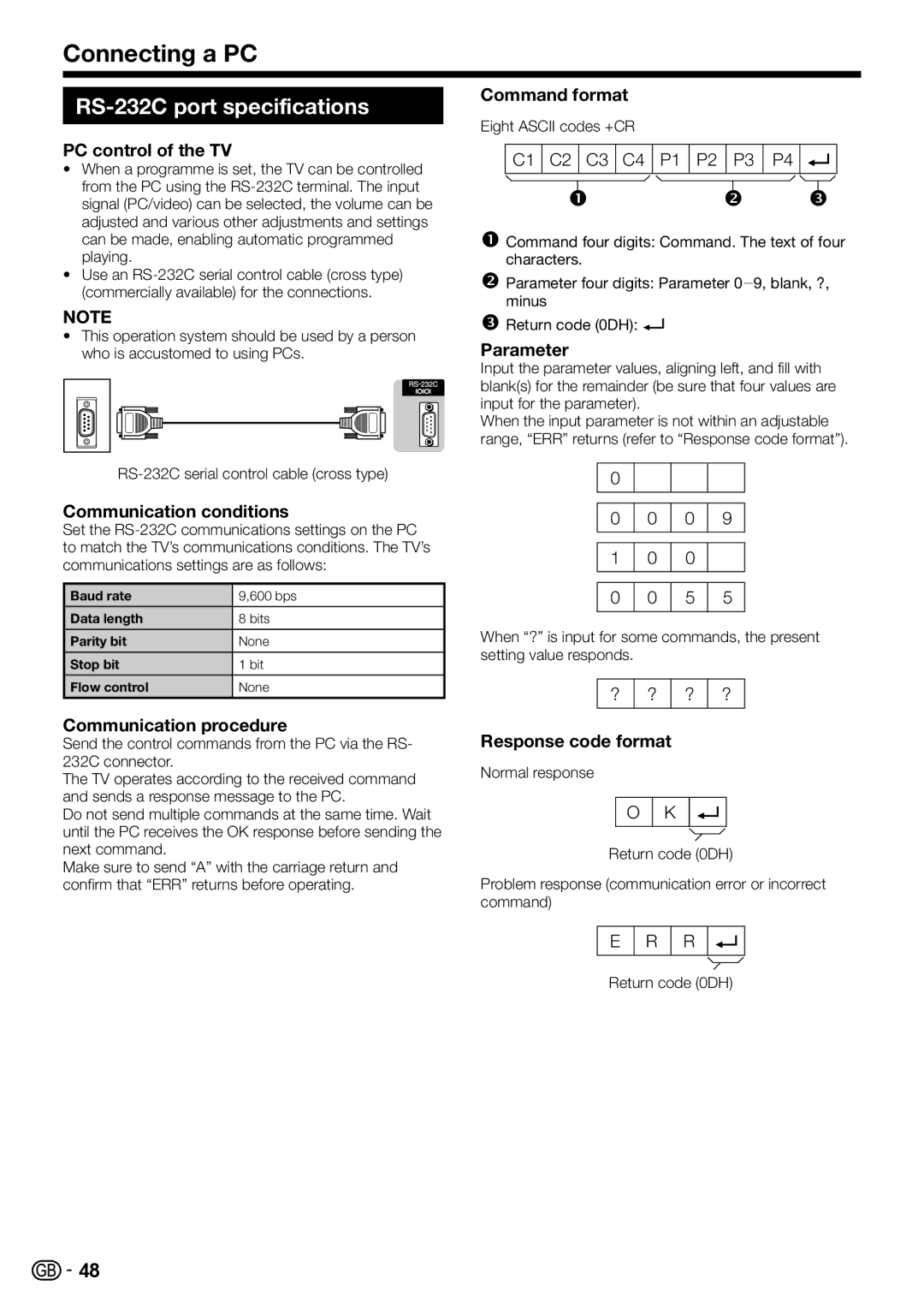 Sharp LC-40LE811E, LC-46LE821E, LC-46LE811E, LC-40LE821E operation manual RS-232C port specifications 