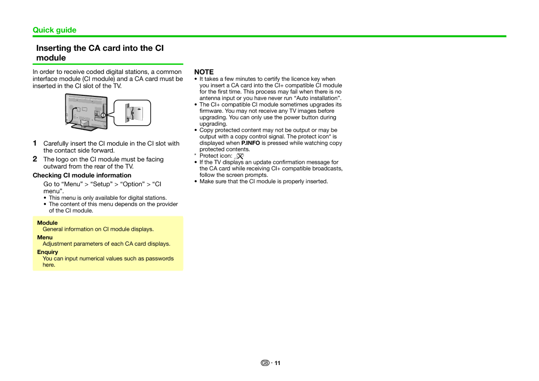 Sharp LC-40LE831S, LC-46LE830RU, LC-46LE830E Inserting the CA card into the CI module, Checking CI module information 