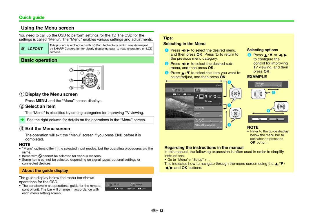 Sharp LC-40LE830E Using the Menu screen, Basic operation, 1Display the Menu screen, 2Select an item, 3Exit the Menu screen 