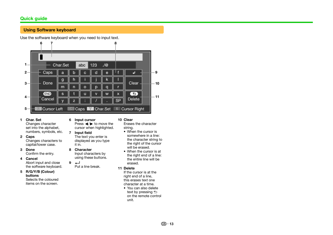 Sharp LC-46LE831S Using Software keyboard, Use the software keyboard when you need to input text, Clear, Delete 