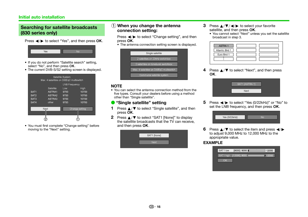 Sharp LC-46LE831E Searching for satellite broadcasts, Series only, 1When you change the antenna, Connection setting 