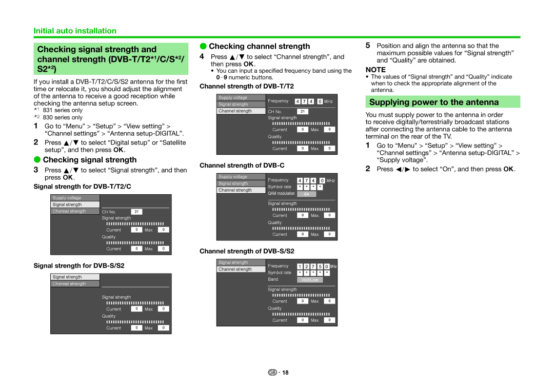Sharp LC-40LE831E Checking signal strength, Channel strength DVB-T/T2*1/C/S*2, S2*2, Supplying power to the antenna 