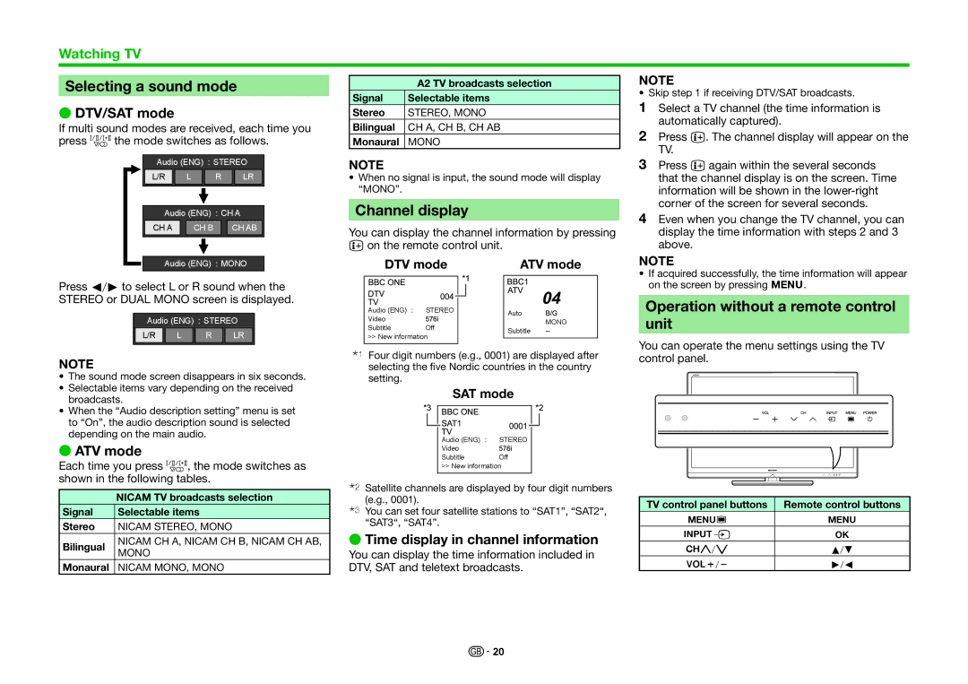 Sharp LC-40LE830E, LC-46LE830RU Selecting a sound mode, Channel display, Operation without a remote control unit 