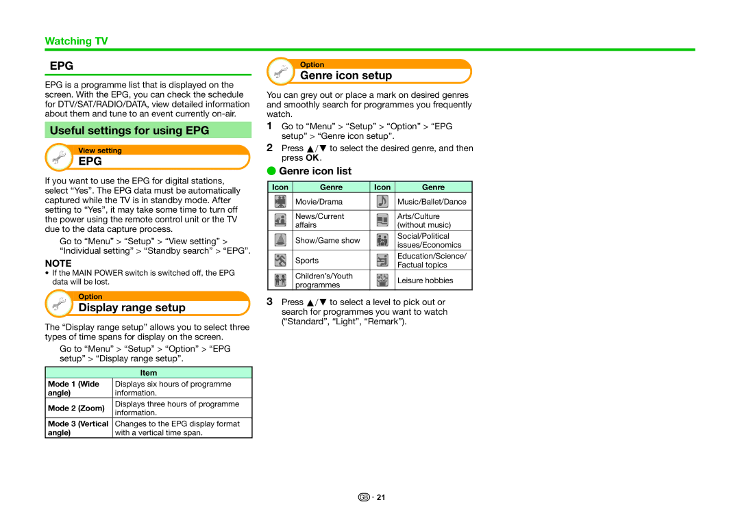 Sharp LC-46LE831S Useful settings for using EPG, Display range setup, Genre icon setup, Genre icon list, Icon Genre 