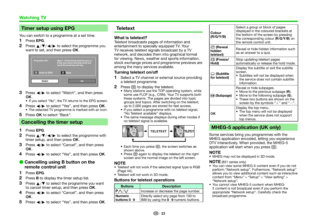 Sharp LC-46LE830E, LC-46LE830RU Timer setup using EPG, Cancelling the timer setup, Teletext, MHEG-5 application UK only 