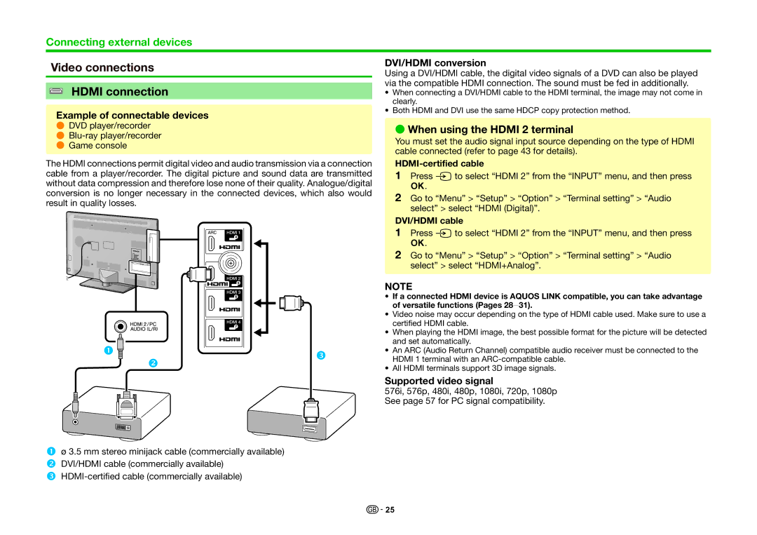 Sharp LC-40LE830RU Video connections Hdmi connection, When using the Hdmi 2 terminal, Example of connectable devices 