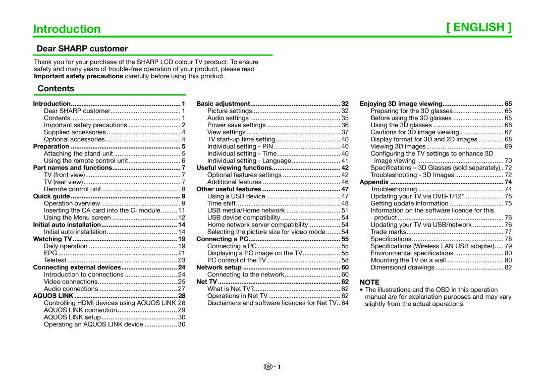 Sharp LC-40LE830RU, LC-46LE830RU, LC-46LE830E, LC-46LE831E, LC-40LE831E Introduction, Dear Sharp customer, Contents 