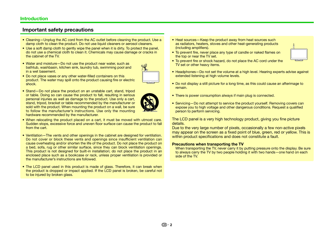 Sharp LC-40LE831E, LC-46LE830RU, LC-46LE830E, LC-46LE831E Important safety precautions, Precautions when transporting the TV 