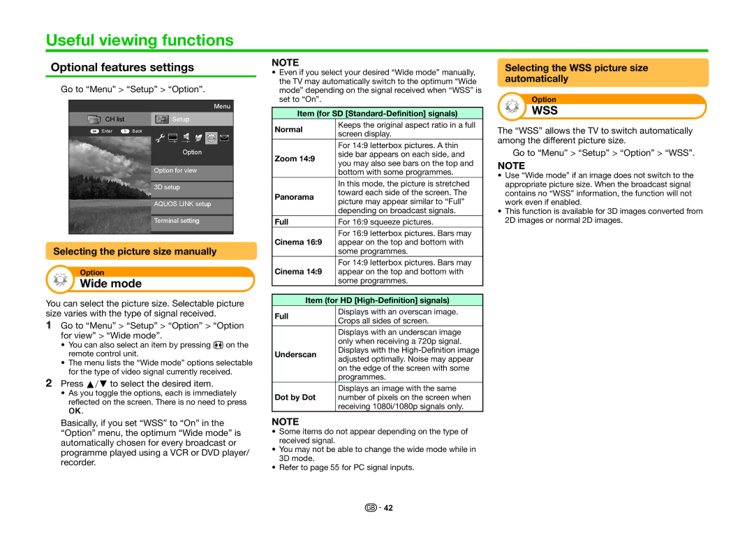 Sharp LC-40LE831E Useful viewing functions, Optional features settings, Wide mode, Selecting the picture size manually 