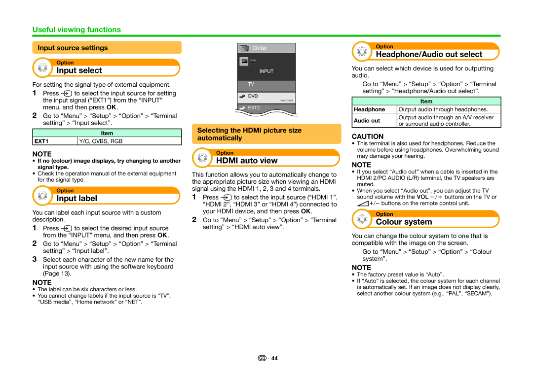 Sharp LC-40LE830E, LC-46LE830RU Input select, Input label, Hdmi auto view, Headphone/Audio out select, Colour system 