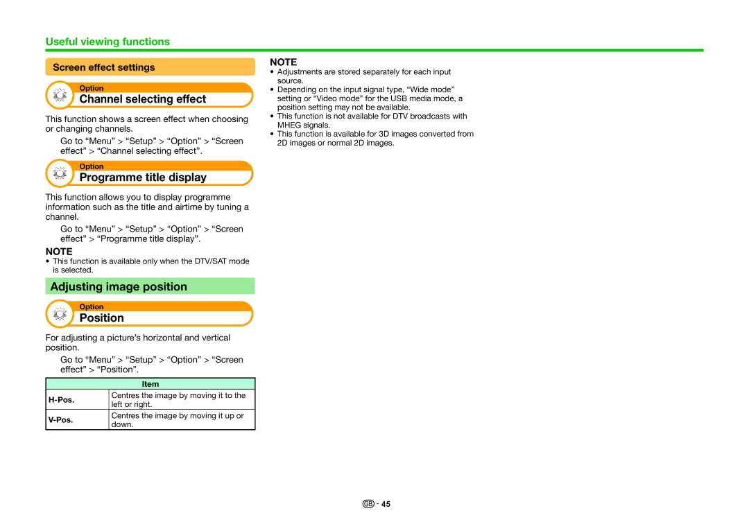 Sharp LC-46LE831S, LC-46LE830RU Channel selecting effect, Programme title display, Adjusting image position, Position 