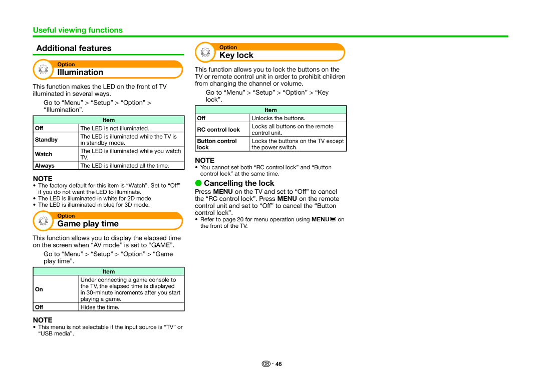 Sharp LC-46LE830RU, LC-46LE830E Additional features, Illumination, Game play time, Key lock, Cancelling the lock 