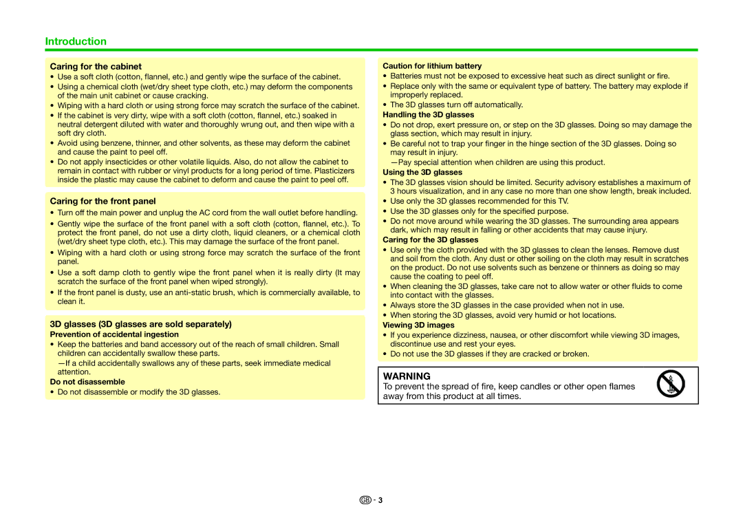 Sharp LC-40LE831S Caring for the cabinet, Caring for the front panel, 3D glasses 3D glasses are sold separately 