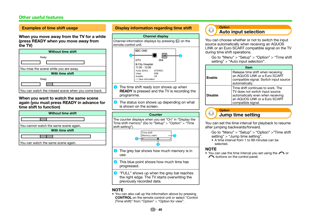 Sharp LC-40LE830RU, LC-46LE830RU Auto input selection, Jump time setting, Display information regarding time shift 