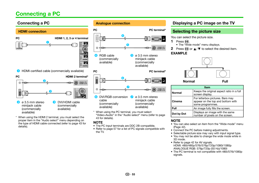 Sharp LC-46LE830E, LC-46LE830RU, LC-46LE831E Connecting a PC, Displaying a PC image on the TV Selecting the picture size 