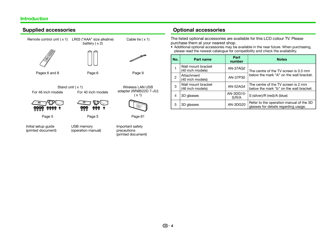 Sharp LC-40LE830E, LC-46LE830RU, LC-46LE830E, LC-46LE831E Supplied accessories, Optional accessories, Part name Number 