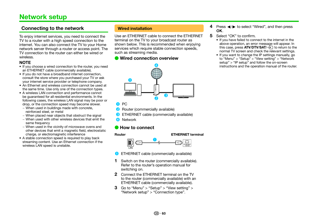 Sharp LC-40LE830E Network setup, Connecting to the network, Wired connection overview, How to connect, Wired installation 