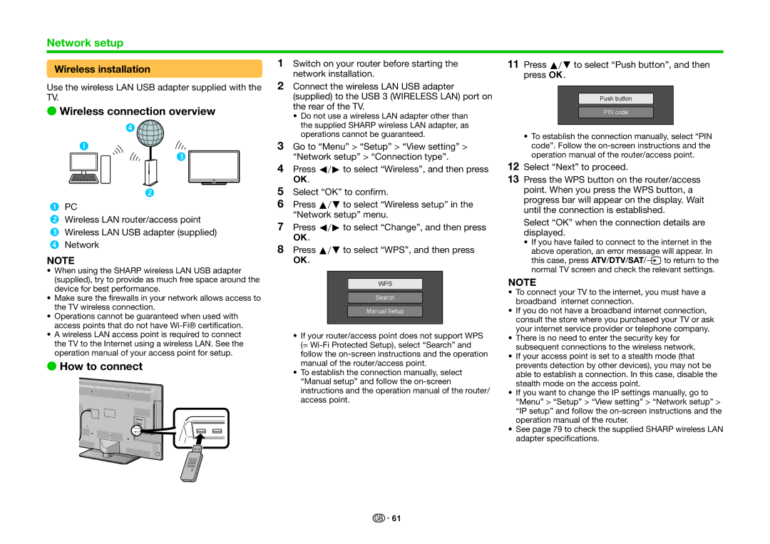 Sharp LC-46LE831S Wireless connection overview, Wireless installation, Press a/bto select Push button, and then press 