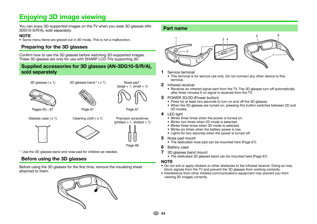 Sharp LC-40LE830RU Enjoying 3D image viewing, Preparing for the 3D glasses, Before using the 3D glasses, Part name 