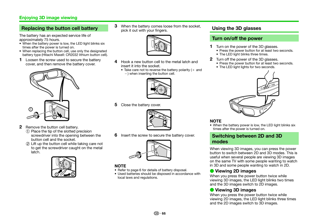 Sharp LC-40LE831E Replacing the button cell battery, Using the 3D glasses Turn on/off the power, Viewing 2D images 