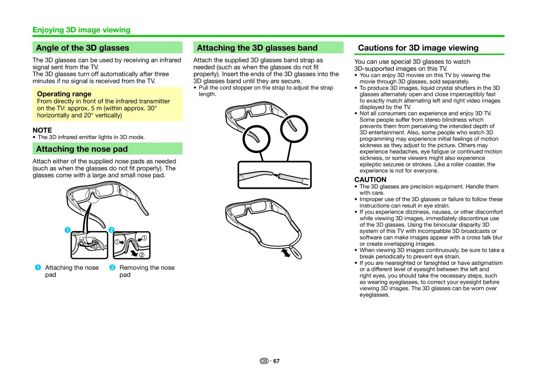 Sharp LC-40LE831S Angle of the 3D glasses, Attaching the nose pad, Attaching the 3D glasses band, Operating range, Pad 