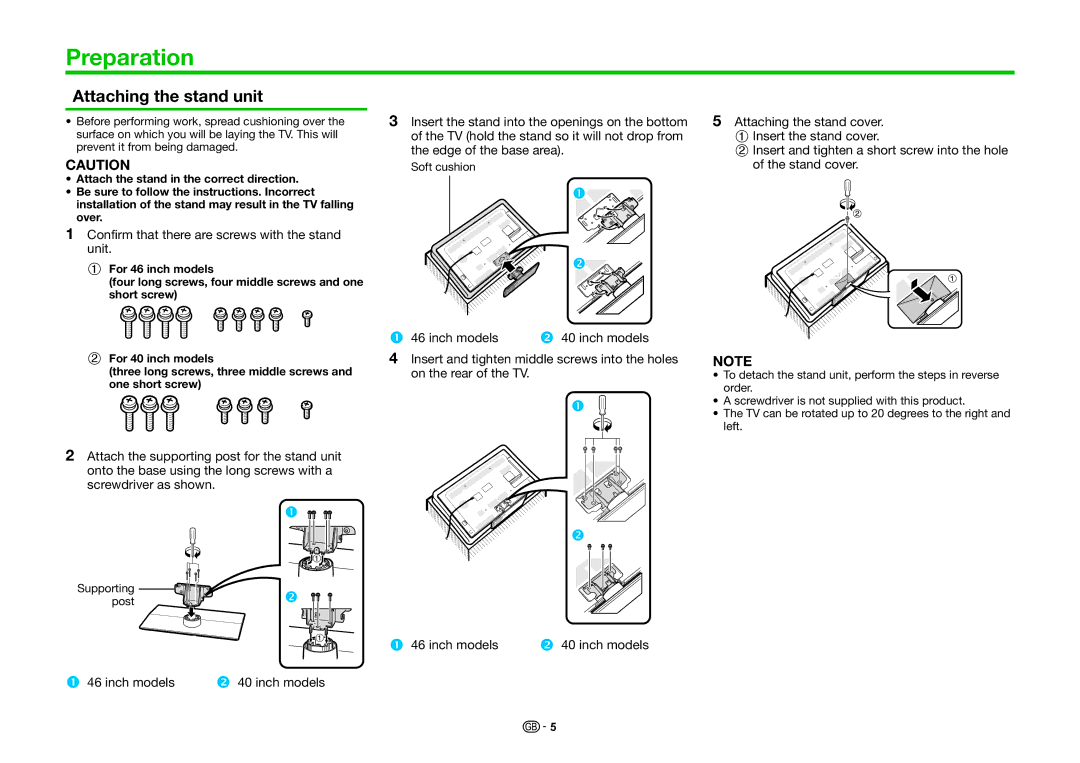 Sharp LC-46LE831S, LC-46LE830RU, LC-46LE830E, LC-46LE831E, LC-40LE830RU, LC-40LE831E Preparation, Attaching the stand unit 