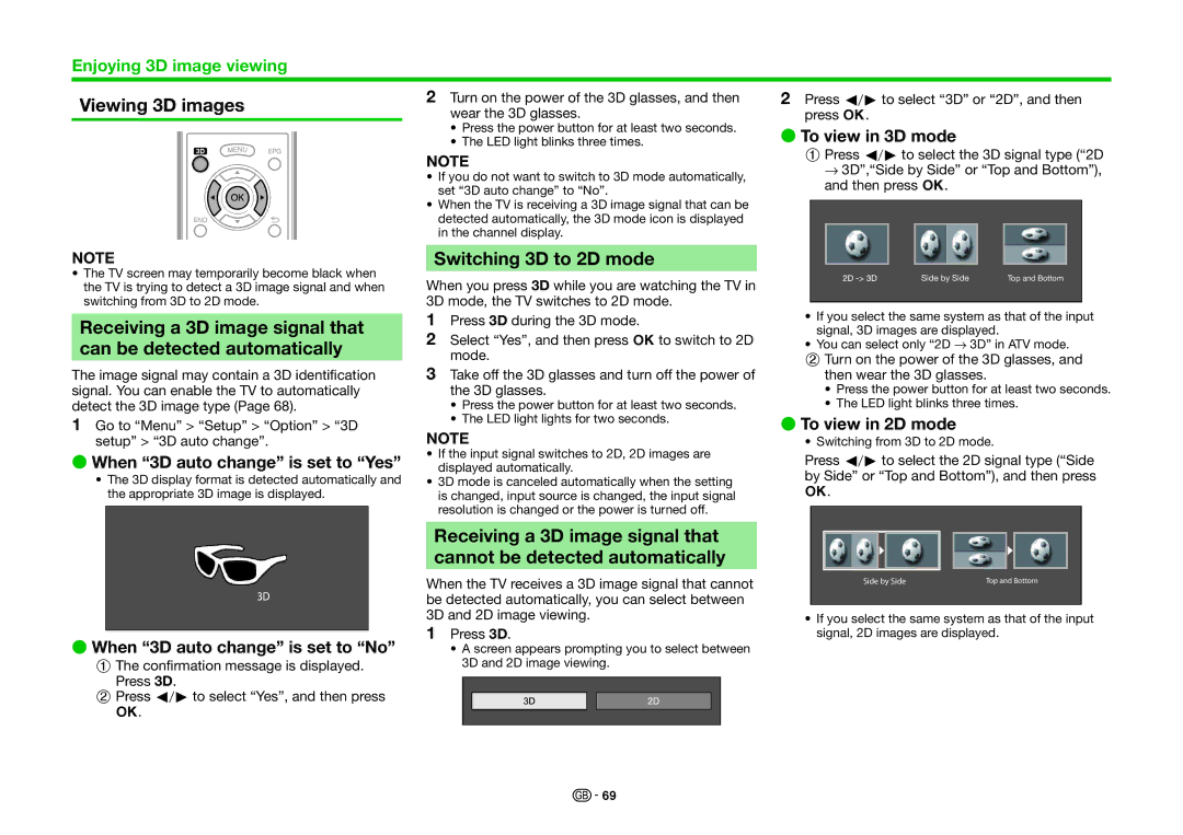 Sharp LC-46LE831S, LC-46LE830RU, LC-46LE830E Viewing 3D images, Switching 3D to 2D mode, Receiving a 3D image signal that 