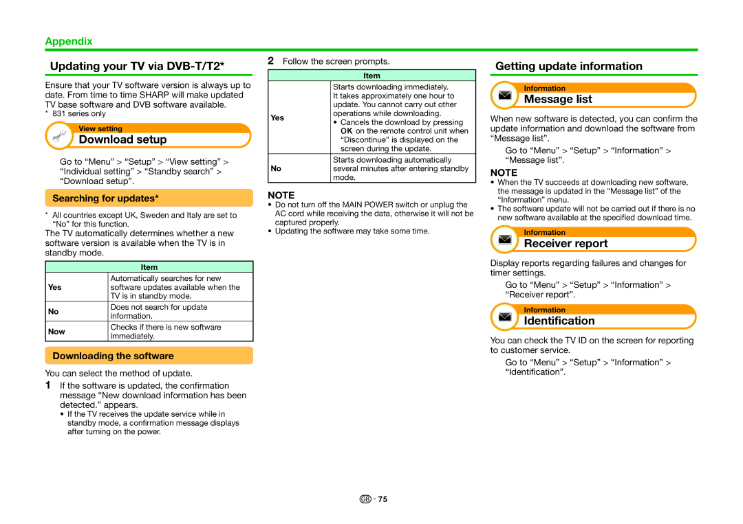 Sharp LC-40LE831S Updating your TV via DVB-T/T2, Download setup, Getting update information, Message list, Receiver report 