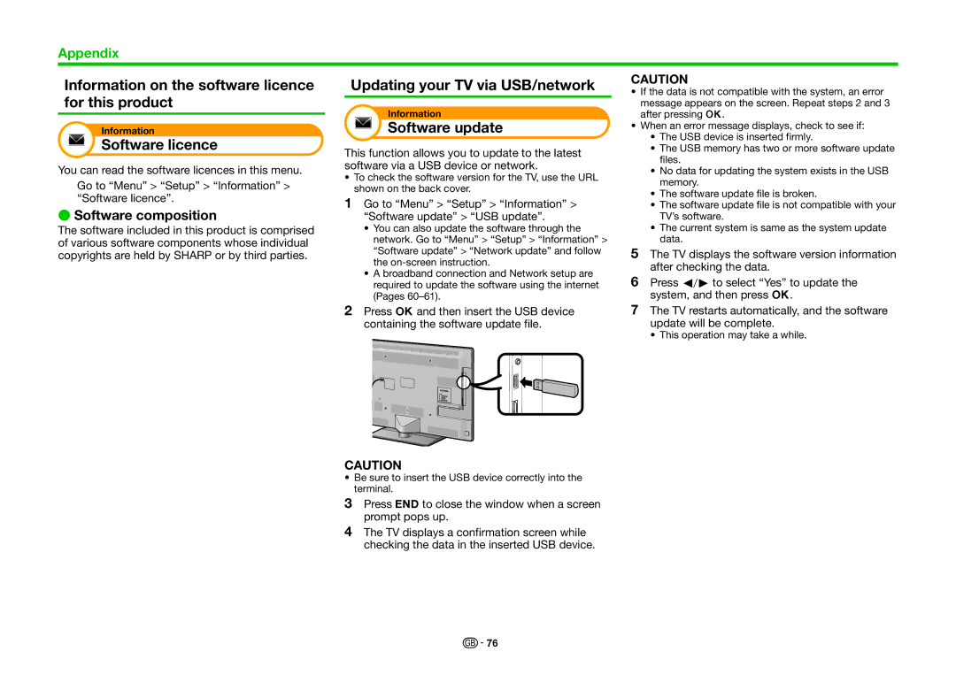 Sharp LC-40LE830E Information on the software licence for this product, Software licence, Updating your TV via USB/network 