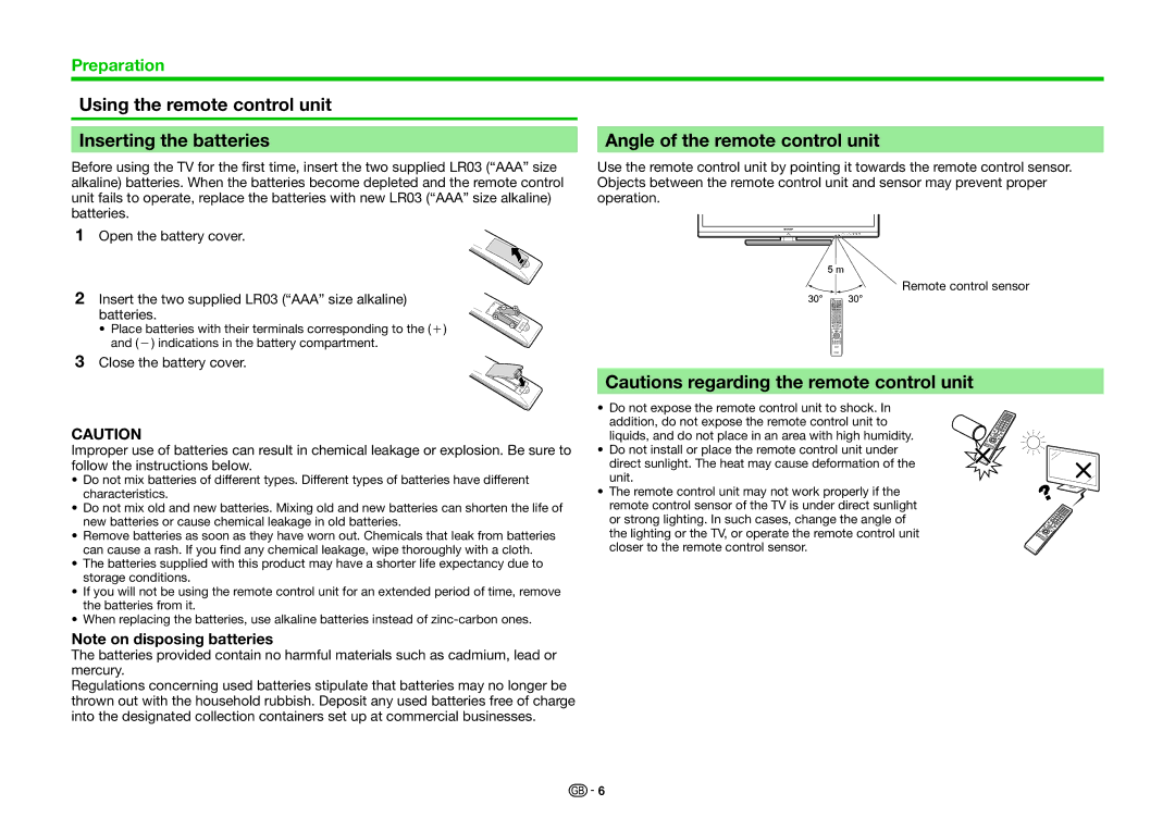 Sharp LC-46LE830RU, LC-46LE830E Using the remote control unit Inserting the batteries, Angle of the remote control unit 