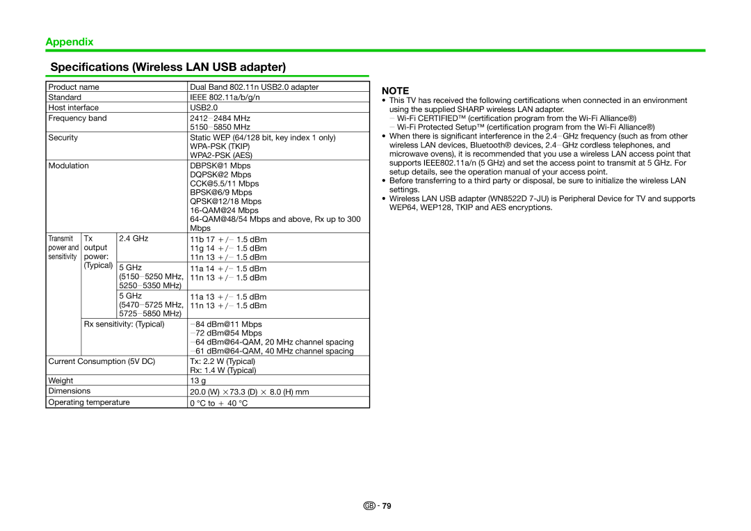 Sharp LC-46LE830E, LC-46LE830RU, LC-46LE831E, LC-40LE830RU, LC-40LE831E Specifications Wireless LAN USB adapter, WPA2-PSK AES 