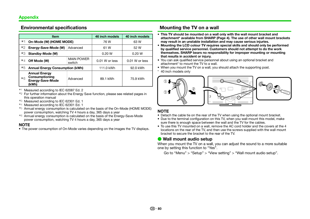 Sharp LC-46LE831E, LC-46LE830RU Environmental specifications, Mounting the TV on a wall, Wall mount audio setup 