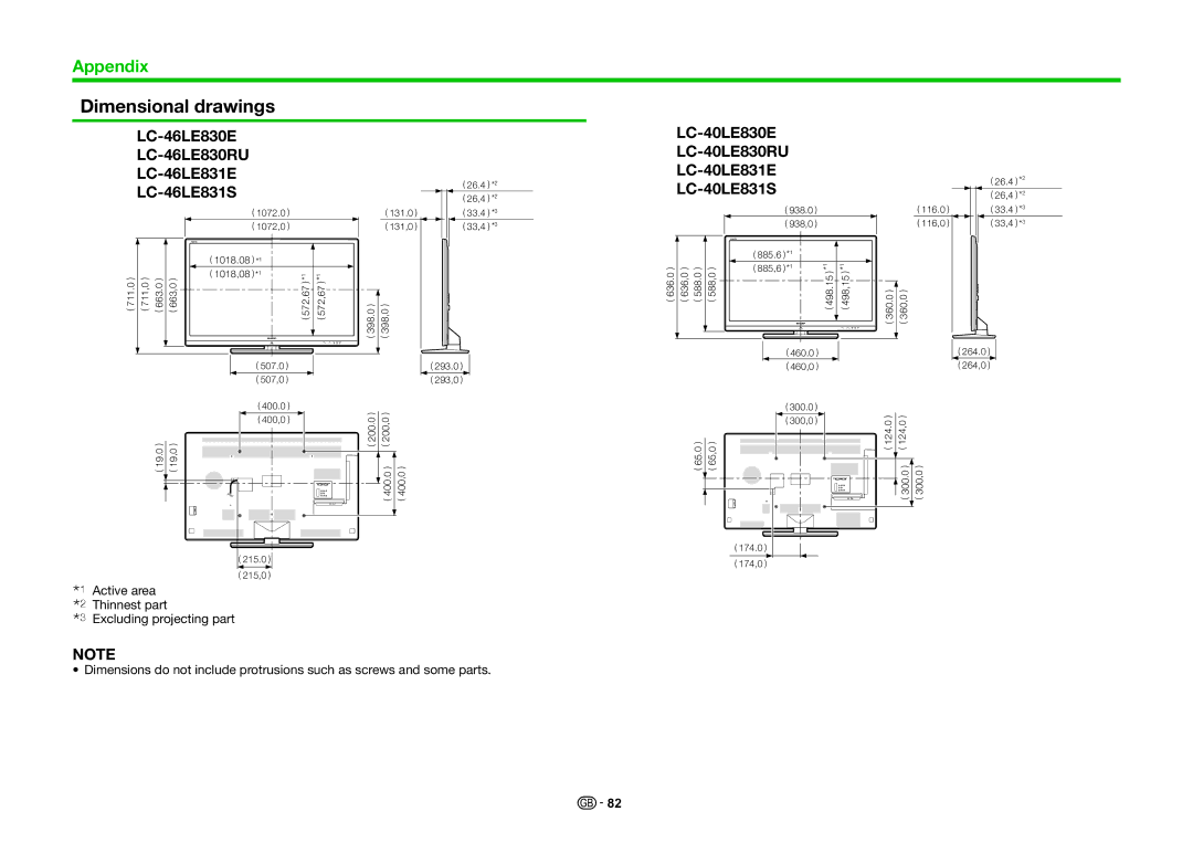 Sharp LC-40LE831E, LC-40LE830RU, LC-40LE831S Dimensional drawings, LC-46LE830E LC-46LE830RU LC-46LE831E, LC-46LE831S 