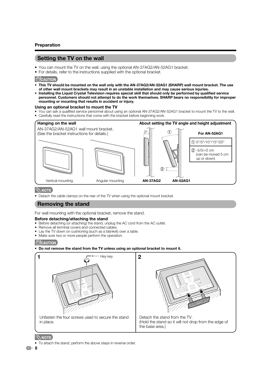 Sharp LC-46PD7X operation manual Setting the TV on the wall, Removing the stand 