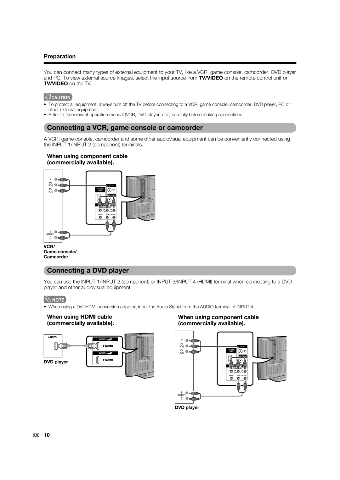 Sharp LC-46PD7X operation manual Connecting a VCR, game console or camcorder, Connecting a DVD player 