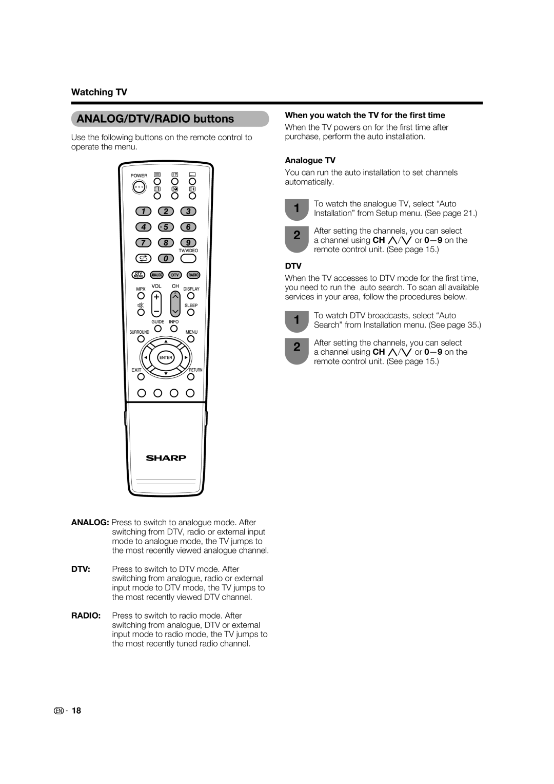 Sharp LC-46PD7X operation manual ANALOG/DTV/RADIO buttons, When you watch the TV for the ﬁrst time, Analogue TV 